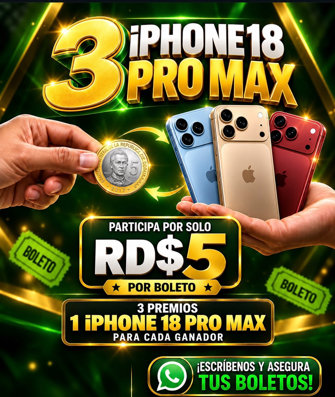 Flyer de la rifa 3 iPhone 18 Pro Max: RD$5 por boleto